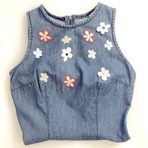 Denim Silhouette  Sleeveless Dress with Daisy Flower Appliqué